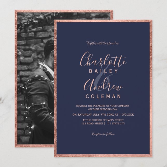 Invitation mariage photo en écriture bleue de la marine de la (Devant / Derrière)