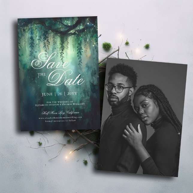Invitation Mariage photo en forêt enchantée Enregistrer la da (enchanted forest emerald wedding save the date photo template elegant modern calligraphy formal)