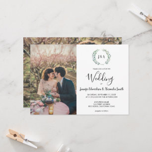 Invitation Mariage photo en monogramme feuille d'aquarelle bo