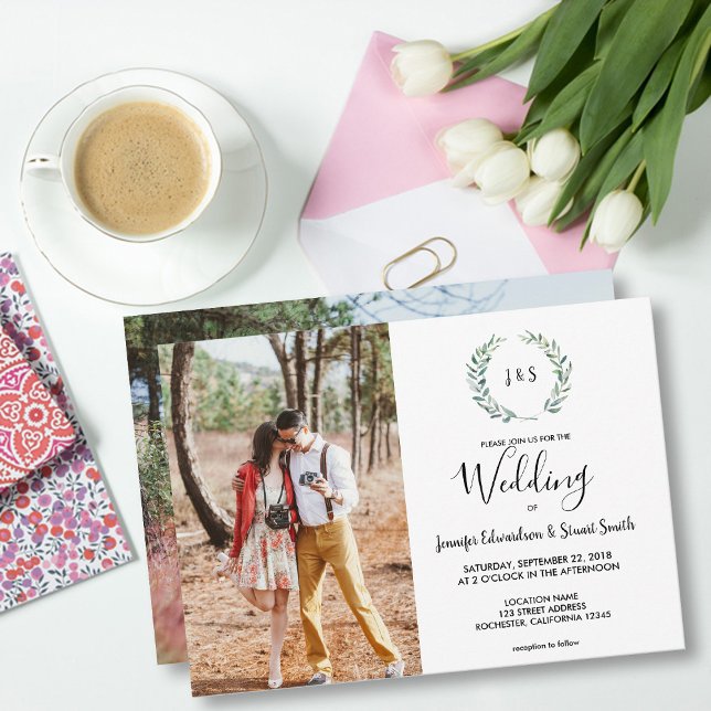 Invitation Mariage photo en monogramme feuille d'aquarelle bo (Botanical watercolor leaves, monogrammed, photo wedding invitation.)