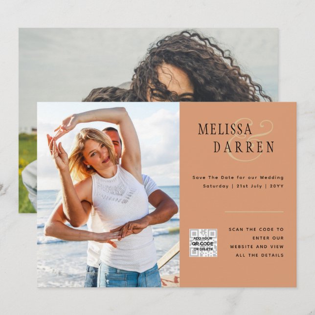 Invitation Mariage PHOTO EN Terracotta légère SAVE DATE QR CO (Devant / Derrière)