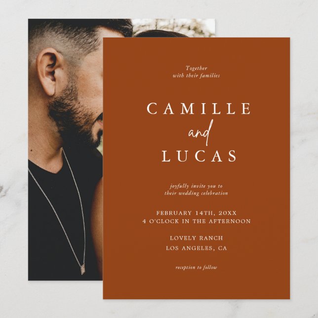 Invitation Mariage photo en terre cuite rouille brûlée orange (Devant / Derrière)