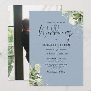 Invitation Mariage photo Feuille Dusty Blue élégant