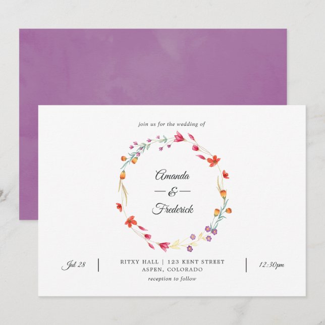 Invitation Mariage photo Fleur sauvage Aquarelle (Devant / Derrière)