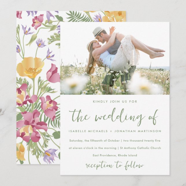 Invitation Mariage photo Fleur sauvage peint moderne (Devant / Derrière)