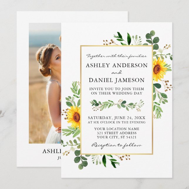 Invitation Mariage Photo Fleurs Tournesol Végétalerie Aquarel (Devant / Derrière)