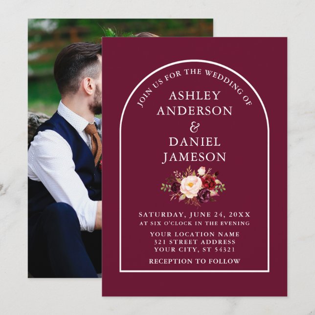 Invitation Mariage photo floral Arch Bourgogne (Devant / Derrière)