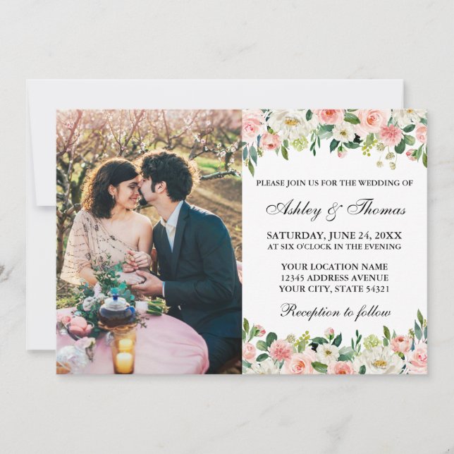 Invitation Mariage photo floral blanc rose aquarelle (Devant)