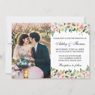 Invitation Mariage photo floral blanc rose aquarelle