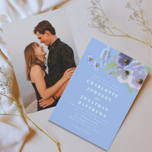 Invitation Mariage Photo Floral Bleu Aquarelle Élégant