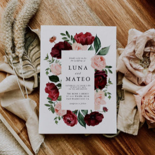 Invitation Mariage photo floral Bourgogne et bleu