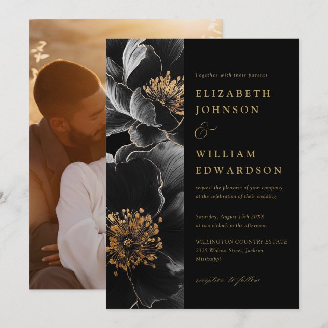 Invitation Mariage Photo Floral Chic Et Noir Et Or (Devant / Derrière)