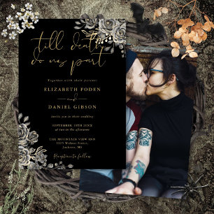 Invitation Mariage photo floral de roses gothiques noir et or