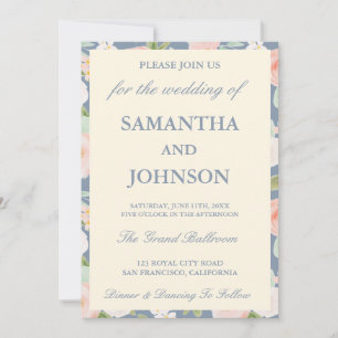 Invitation Mariage Photo Floral Ivoire Vintage Bleu Côtier