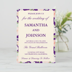 Invitation Mariage photo floral ivoire vintage pourpre foncé