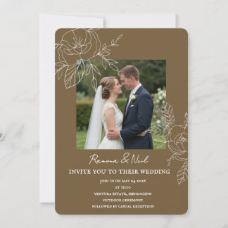 Invitation Mariage Photo Floral Marron Terreux Élégant
