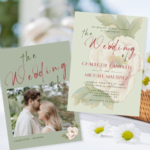 Invitation Mariage photo floral moderne Sage Green Blush Peon