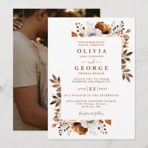 Invitation Mariage Photo Floral Moderne Terracotta Automnal R