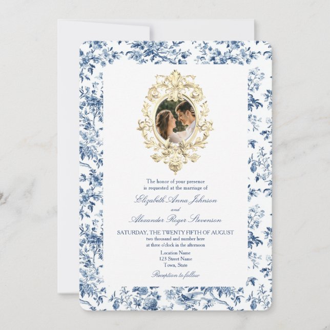 Invitation Mariage photo Floral Toile de France Dusty Blue (Devant)