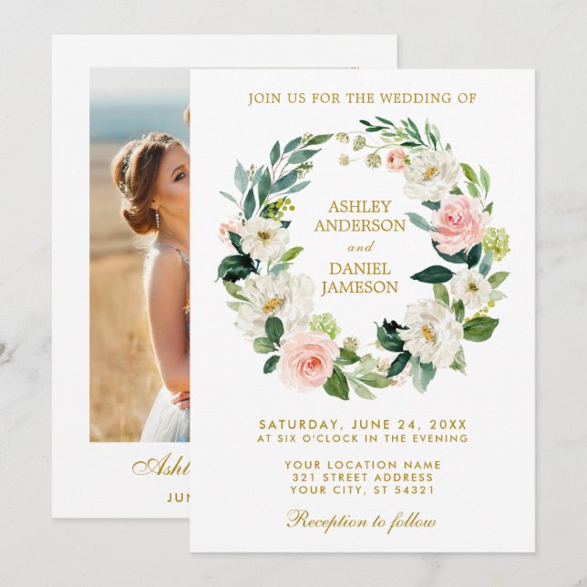 Invitation Mariage photo Floral Wreath Rose White Gold (Devant / Derrière)