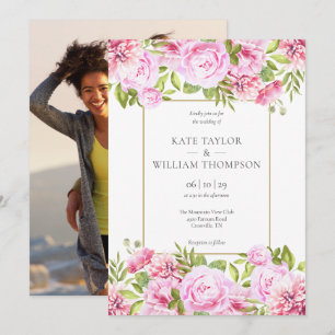 Invitation Mariage photo géométrique rose Peony Floral Gold