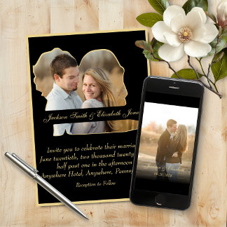 Invitation Mariage photo Gold Elegant Bride et Groom Shape