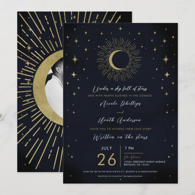 Invitation Mariage photo Gold Stars Night Celestial Sunburst (Devant / Derrière)