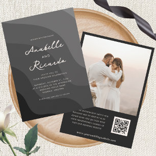 Invitation Mariage photo Gray noir Wavy Geometry QR Code