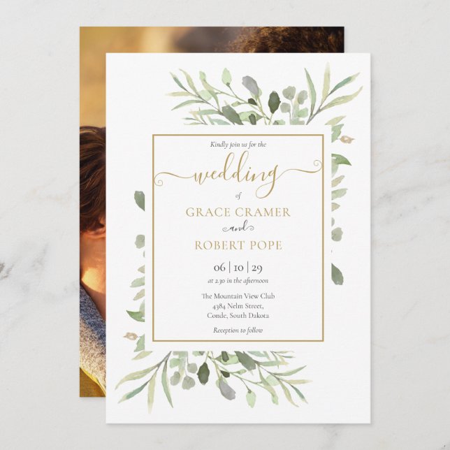 Invitation Mariage photo Green Elegant Gold Script (Devant / Derrière)