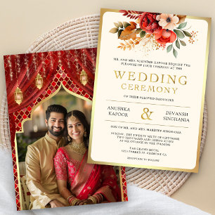 Invitation Mariage Photo Indien Hindou Floral Or Rouge