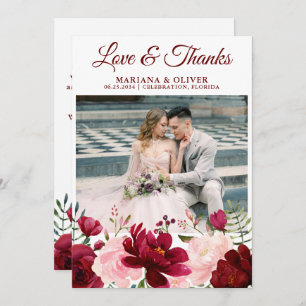 Invitation Mariage Photo Love and Thanks Card Burgundy Pink