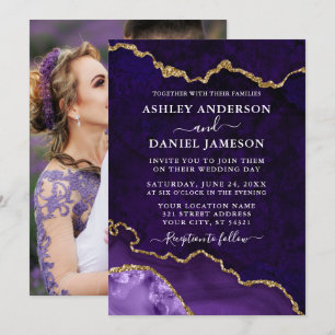 Invitation Mariage photo Marbre d'or violet Géode d'agate