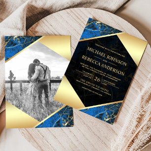 Invitation Mariage Photo Marbre Géométrique Royal Bleu Or