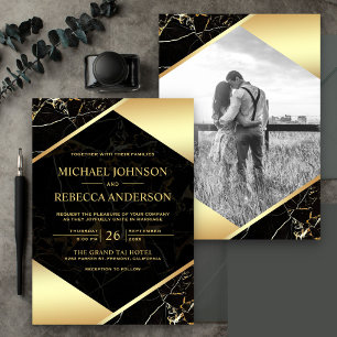 Invitation Mariage Photo Marbre Noir Géométrique Or