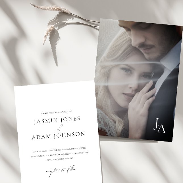 Invitation Mariage photo minimaliste blanc simple (Minimalist White Simple Monogram Photo Wedding Invitation)