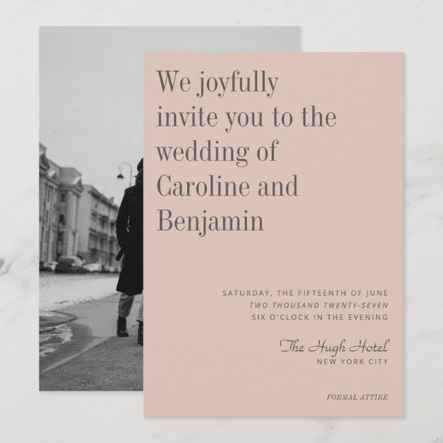 Invitation Mariage photo minimaliste Elegant Blush Grey (Devant / Derrière)