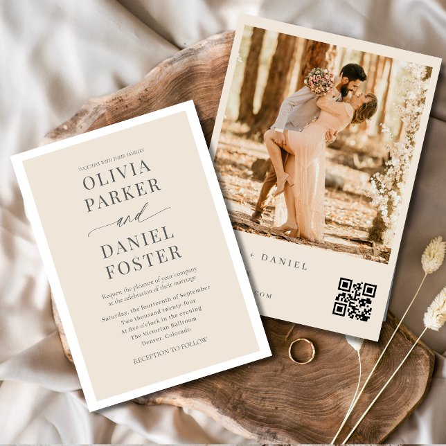 Invitation Mariage photo minimaliste en beige neutre QR Code (Créateur téléchargé)