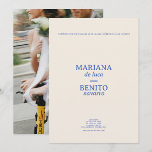 Invitation Mariage photo minimaliste moderne crème et bleu