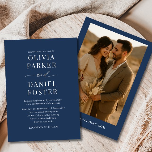 Invitation Mariage photo minimaliste Navy Blue Boho (Créateur téléchargé)