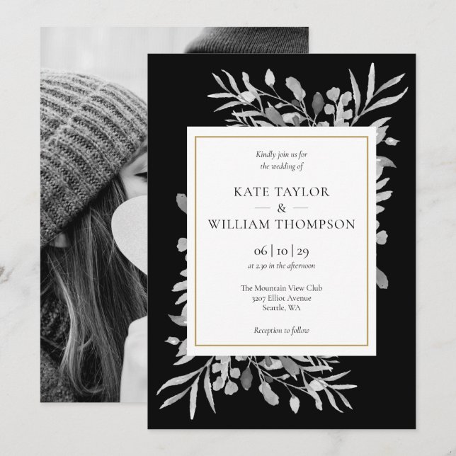 Invitation Mariage photo moderne de feuillage noir et blanc (Devant / Derrière)