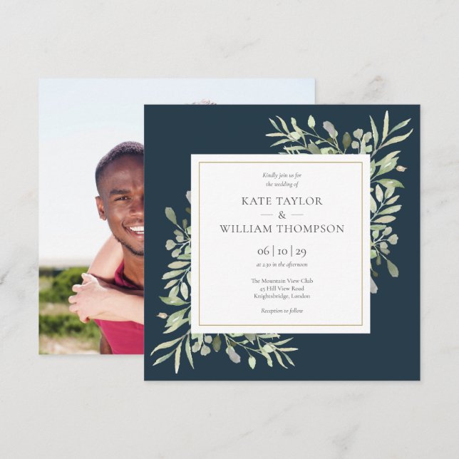 Invitation Mariage photo moderne Deep Sea Blue Greenery (Devant / Derrière)