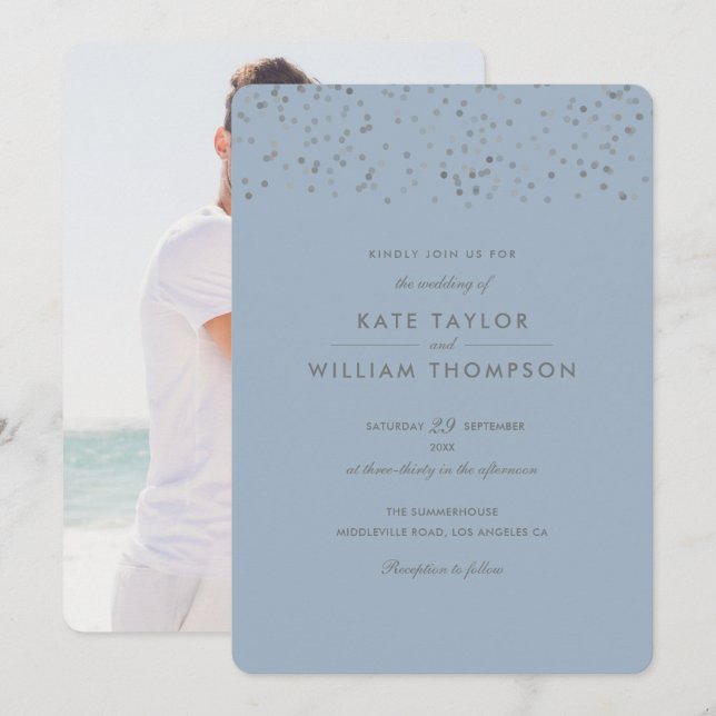 Invitation Mariage photo moderne Dusty Blue Confetti (Devant / Derrière)
