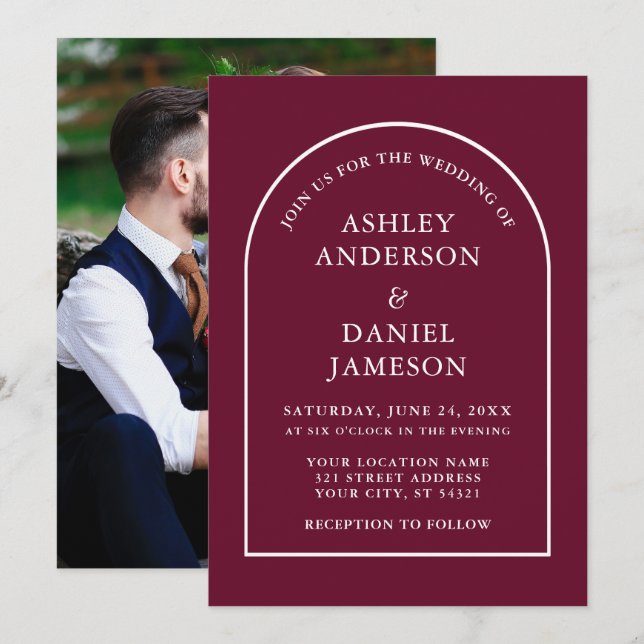 Invitation Mariage photo moderne élégant Arch Bourgogne (Devant / Derrière)