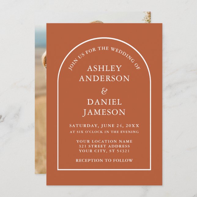 Invitation Mariage photo moderne élégant Arch Burnt Orange (Devant / Derrière)