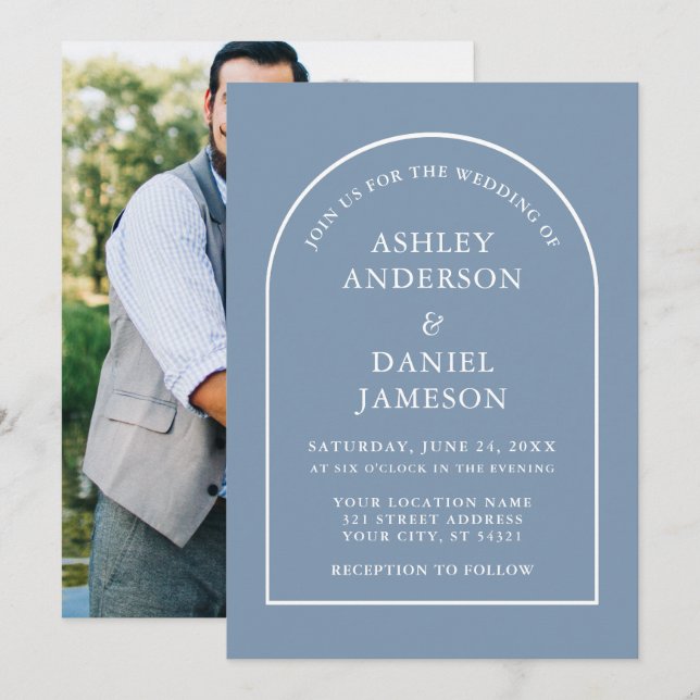 Invitation Mariage photo moderne élégant Arch Dusty Blue (Devant / Derrière)