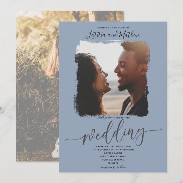 Invitation Mariage photo moderne Elegant Dusty Blue (Devant / Derrière)