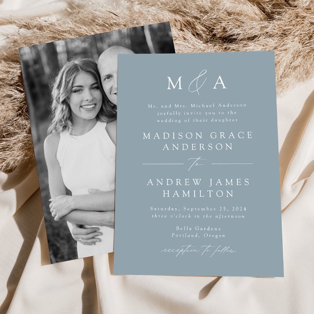 Invitation Mariage photo moderne Elegant Dusty Blue Monogram (Créateur téléchargé)