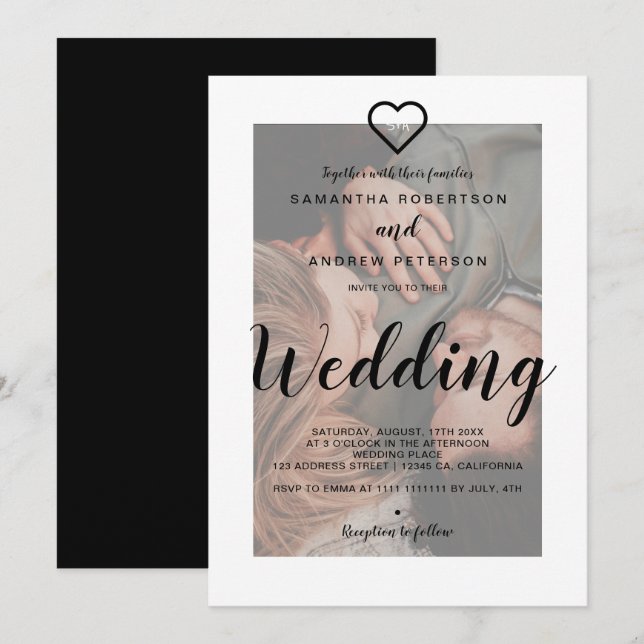 Invitation Mariage photo moderne élégant noir blanc recouvert (Devant / Derrière)