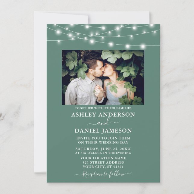 Invitation Mariage photo moderne Eucalyptus Green Lights (Devant)