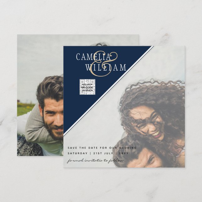 Invitation Mariage PHOTO moderne Inviter QR CODE RSVP Blue (Devant / Derrière)